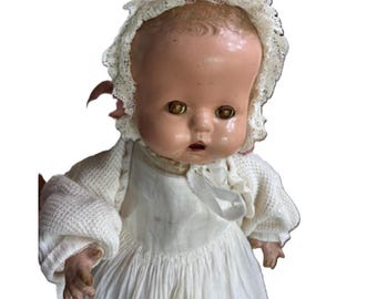 Vintage Composition Baby Doll Cloth Body Sleep Eyes White Christening Gown 1930s