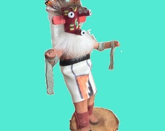 Signed Southwestern Kachina Doll Hand Carved Wood Figure Feather Fur Folk Art Native American Style Display Sculpture