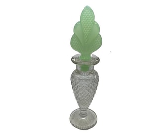 Vintage Uranium Glass Perfume Bottle, Art Deco Fan Stopper, UV Reactive Vanity Decor