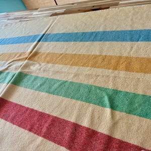 May include: A woven blanket featuring a cream-colored base with horizontal stripes in shades of light blue, yellow, green, and red. The fabric has a visible textured weave pattern throughout, creating a consistent and uniform appearance across the surface.