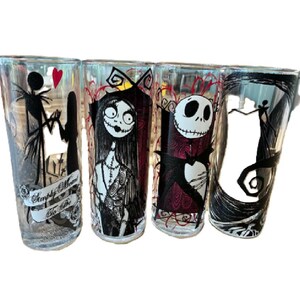 Juego de vasos de cristal de Disney Pesadilla antes de Navidad, Jack y Sally, juego de 4 vasos de Halloween imagen 1