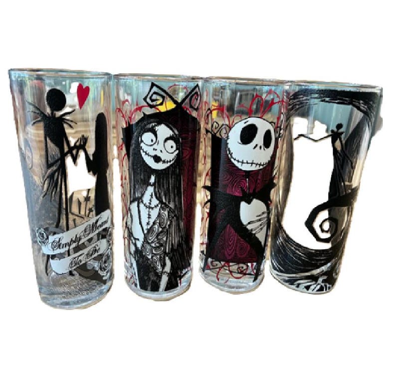 Juego de vasos de cristal de Disney Pesadilla antes de Navidad, Jack y Sally, juego de 4 vasos de Halloween imagen 1