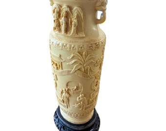 Vintage Italian Faux Ivory Chinoiserie Vase Asian Village Relief Resin Sculpture on Stand