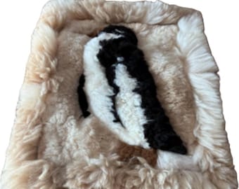 Handmade Sheepskin Penguin Folk Art Wall Hanging Unfinished Fiber Art Leather Wool Textile Panel