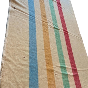 May include: A rectangular off-white woven blanket featuring four vertical stripes in light blue, yellow, green, and red. The fabric has a textured appearance with a small square label attached to the bottom left corner and visible frayed edges.