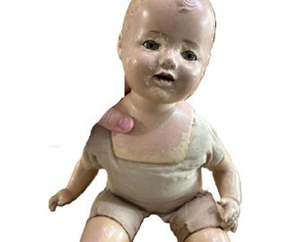 Antique 1930s Composition Baby Doll Glass Sleep Eyes Cloth Body Mama Voice Box Large Dol