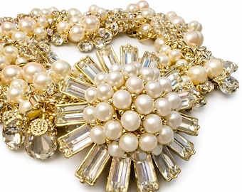 Ann Taylor Pearl Crystal Bracelet Gold Tone Cluster Statement Bridal Jewelry