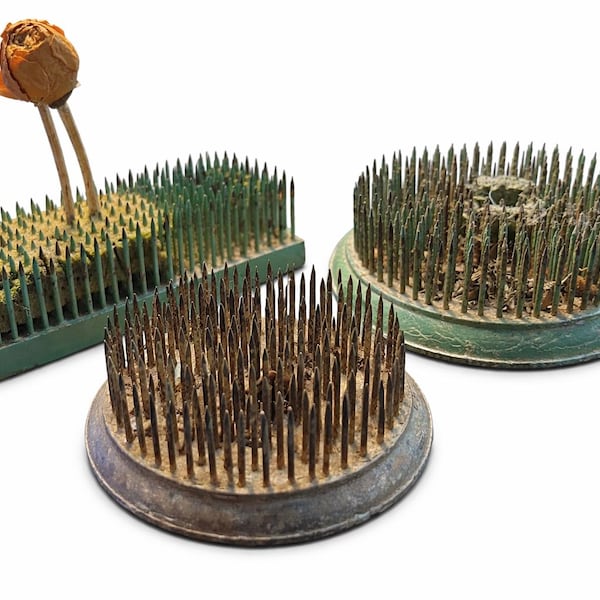 Vintage Metal Flower Frog Set, Mid-Century Floral Pin Holders, Garden Decor