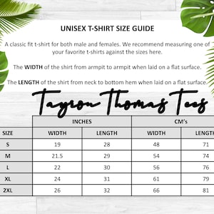 May include: Unisex t-shirt size guide with measurements in inches and centimeters. The chart shows the width and length of the shirt in inches and centimeters for sizes S, M, L, XL, and 2XL.