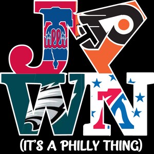 May include: A graphic design featuring the letters J, W, N, with each letter made up of a different Philadelphia sports team logo. The letters are in red, white, blue, green, orange, and black. The text "(IT'S A PHILLY THING)" is below the letters.