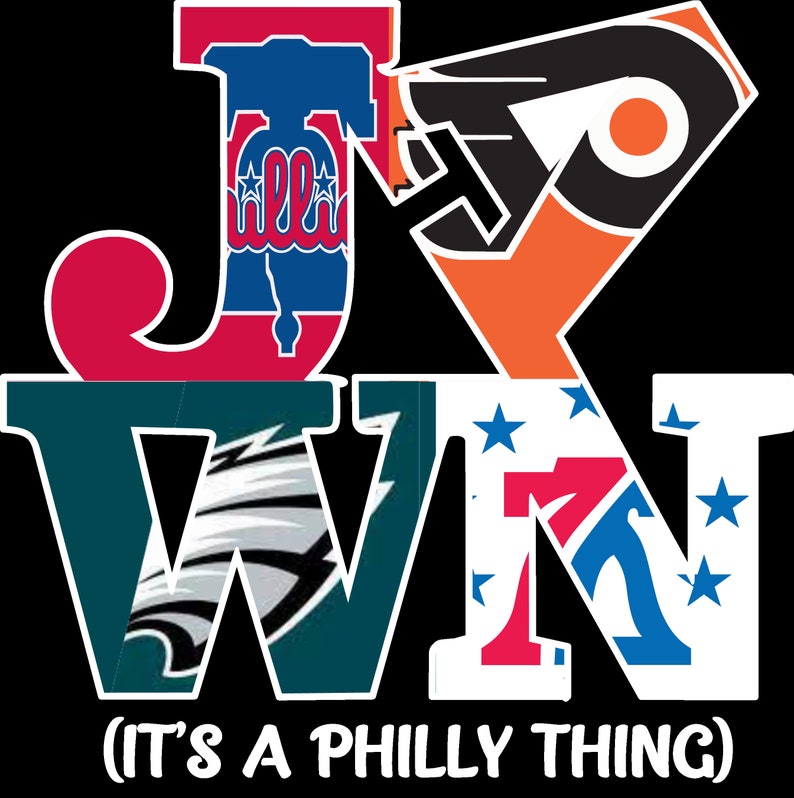 May include: A graphic design featuring the letters J, W, N, with each letter made up of a different Philadelphia sports team logo. The letters are in red, white, blue, green, orange, and black. The text "(IT'S A PHILLY THING)" is below the letters.