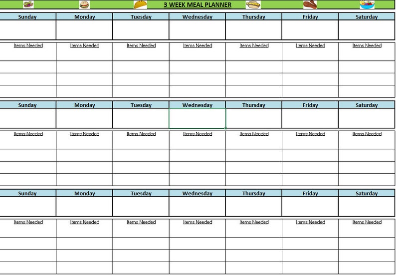 Meal Planner Excel Download Three Week Template to Get You | Etsy
