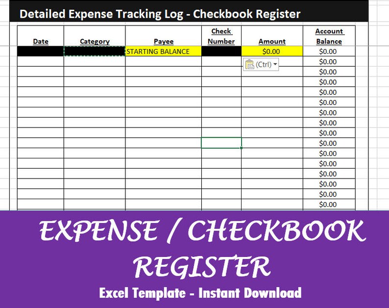 Expense Register Format Checkbook Register - Detailed Expense Log Excel Downloand - Etsy