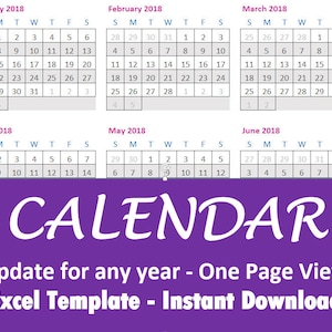 Calendar - Excel One Page Full Year Updates for ANY YEAR