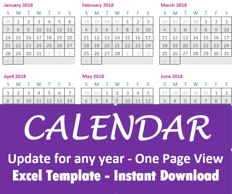 Calendar excel one page full year updates for any year etsy
