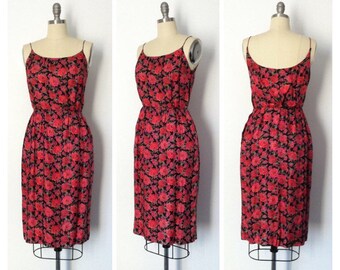Vintage 1950s Silk Wiggle Rose Print Dress