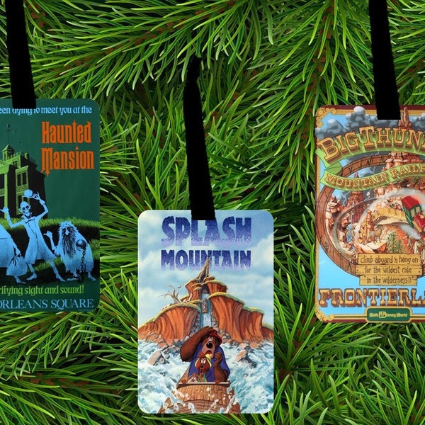 Disney Vintage Poster Ornaments - Liberty Sq - Frontierland - Haunted Mansion, Splash Mountain, Country Bears, Thunder Mountain, Tom Sawyer