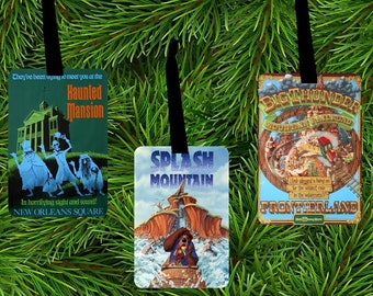 Disney Vintage Poster Ornaments - Liberty Sq - Frontierland - Haunted Mansion, Splash Mountain, Country Bears, Thunder Mountain, Tom Sawyer