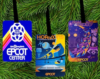Disney Vintage Poster Ornaments Epcot - Frozen, Soarin, Spaceship Earth, Test Track, Mission Space, Nemo, Imagination, Illuminations,
