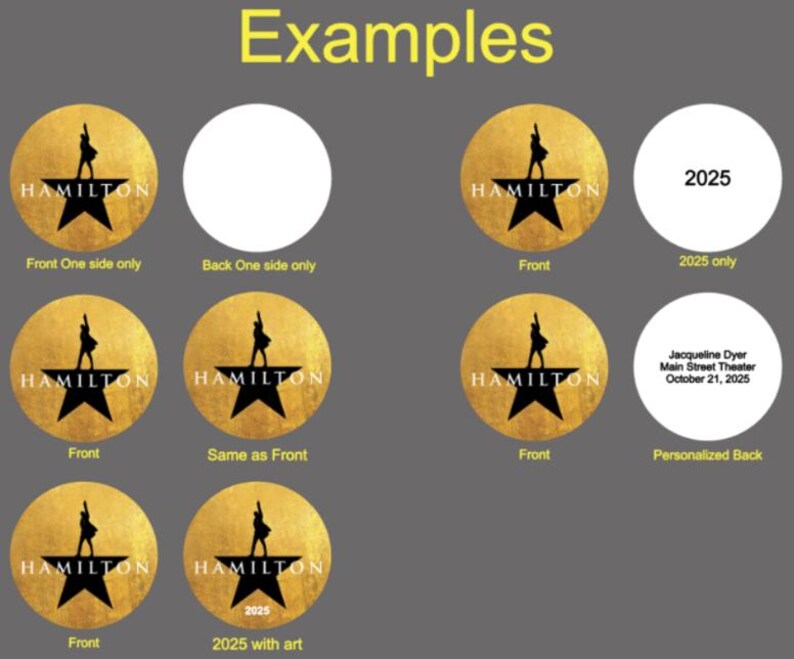 Puede incluir: Una colecci&oacute;n de dise&ntilde;os redondos dorados con tem&aacute;tica de Hamilton. Los dise&ntilde;os presentan el logotipo de Hamilton con una silueta de una persona y una estrella. Algunos dise&ntilde;os incluyen el a&ntilde;o 2025, y uno tiene texto personalizado.