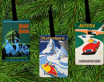 Disney Vintage Poster Ornaments - Disneyworld  - Alice, Autopia, Splash Mountain, Haunted Mansion, Indiana Jones, Finding Nemo, Matterhorn