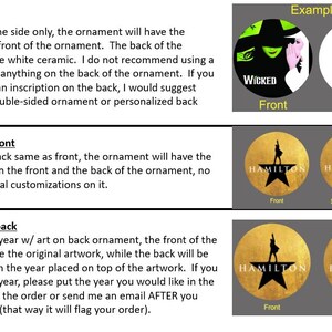 Puede incluir: Imagen que muestra ejemplos de adornos redondos con diferentes dise&ntilde;os. Un ejemplo presenta un tema musical "Wicked", mientras que otros muestran un tema "Hamilton". Los adornos tienen texto que describe las opciones de dise&ntilde;o.