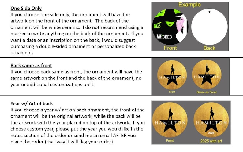 Puede incluir: Imagen que muestra ejemplos de adornos redondos con diferentes dise&ntilde;os. Un ejemplo presenta un tema musical "Wicked", mientras que otros muestran un tema "Hamilton". Los adornos tienen texto que describe las opciones de dise&ntilde;o.