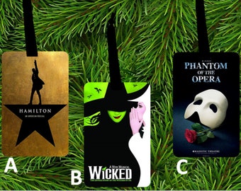 Broadway Poster Ornaments - Hamilton, Finding Neverland, Lion King, Phantom Opera, Aladdin, Wicked, Beauty & Beast, Mamma Mia, Annie, Shrek