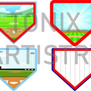 Puede incluir: Cuatro gráficos con temática de béisbol en forma de diamante. Cada gráfico presenta una escena de campo de béisbol con un borde rojo y un contorno azul claro. Las escenas incluyen un campo de béisbol, luces de estadio y un sol.