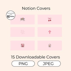 May include: A set of 15 downloadable Notion covers featuring various designs, including floral patterns, a cross, a cherry, and inspirational quotes. The covers are compatible with Notion and are available in PNG and JPEG formats.