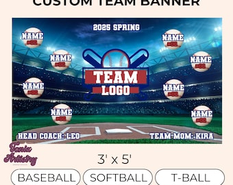 May include: A custom baseball team banner with a blue and green stadium background. The banner features a red and white baseball logo with the text "TEAM LOGO". The banner also includes the text "2025 SPRING", "HEAD COACH: LEO", and "TEAM MOM: KIRA". The banner is 3 feet by 5 feet and has grommets every 2 feet.