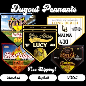 May include: A collection of personalized baseball and softball pennants with team names, player names, and numbers. The pennants are in various colors and designs, including red, yellow, black, and white. The pennants are displayed on a black background with the text "Dugout Pennants" and "Free Shipping!" in white.