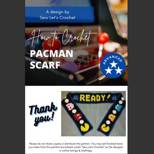 Crochet Pac-man vintage retro arcade player gamer entertainment ghost Ready pixel graph fashion scarf pattern