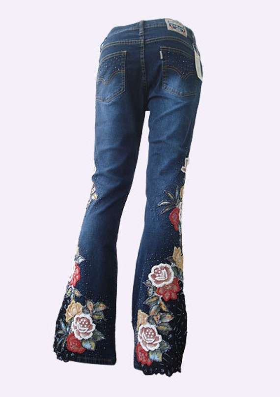 Jeans ricamati con disegno rosa in perline, paillettes e pizzo - Rose  Antique - Etsy Italia