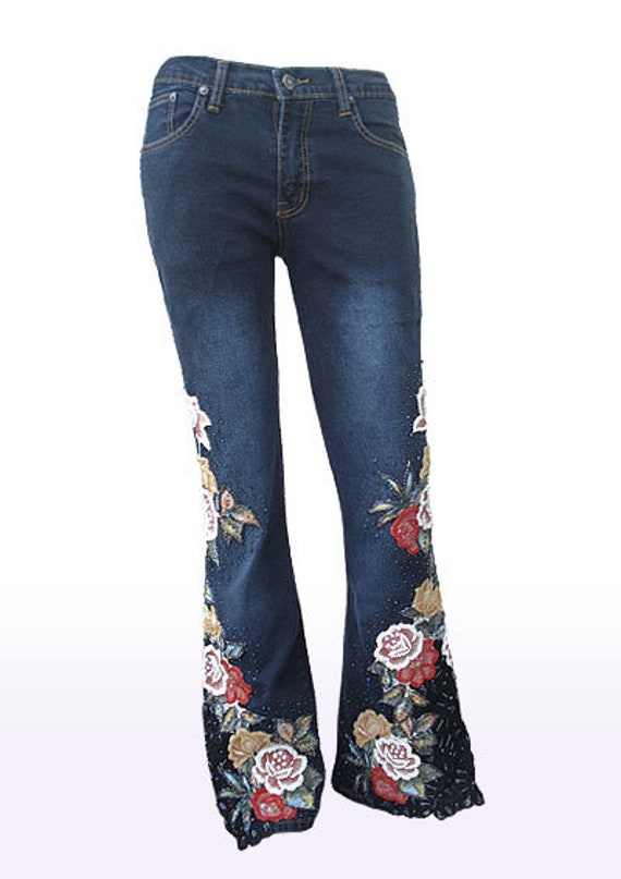 Bestickte Jeans Mit Rosendesign Aus Beads Pailletten Und - Etsy