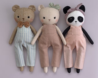 Teddy bear sewing pattern PDF - make a bear or panda cloth doll / stuffed animal toy with this pattern and DIY tutorial by Studio Seren