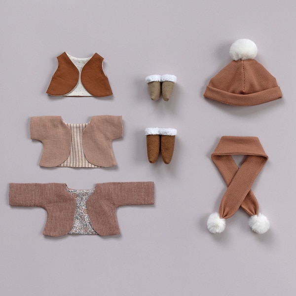 Winter Essentials doll clothes PDF sewing pattern - make a doll hat, scarf, jacket, vest and shoes for a Studio Seren stuffed animal doll