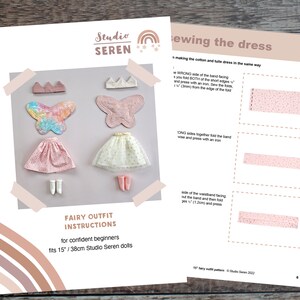 May include: A printable sewing pattern for a fairy outfit for 15-inch dolls. The pattern includes instructions for making a pink skirt, a butterfly wing, and a crown. The pattern is designed for confident beginners.