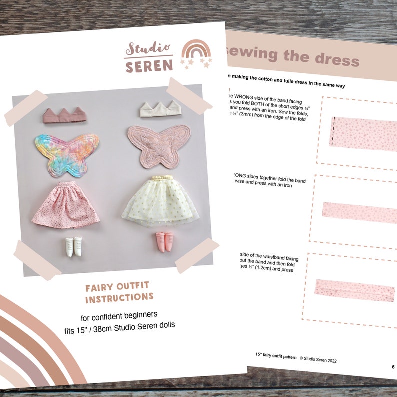 May include: A printable sewing pattern for a fairy outfit for 15-inch dolls. The pattern includes instructions for making a pink skirt, a butterfly wing, and a crown. The pattern is designed for confident beginners.