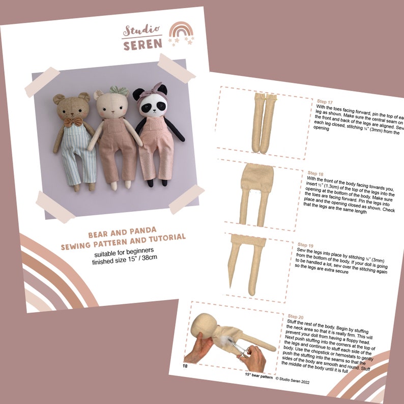 Teddy bear sewing pattern PDF make a bear or panda cloth doll / stuffed animal toy with this pattern and DIY tutorial by Studio Seren image 10