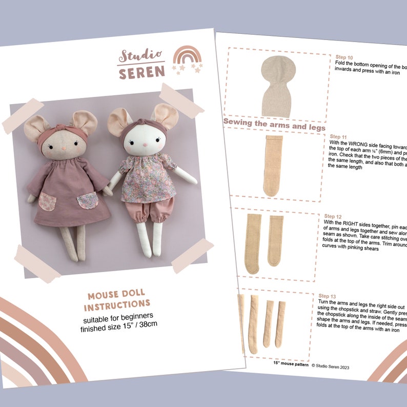 Mouse sewing pattern PDF make a cloth mouse doll / stuffed animal toy and clothes for nursery decor or a baby shower gift by Studio Seren image 10