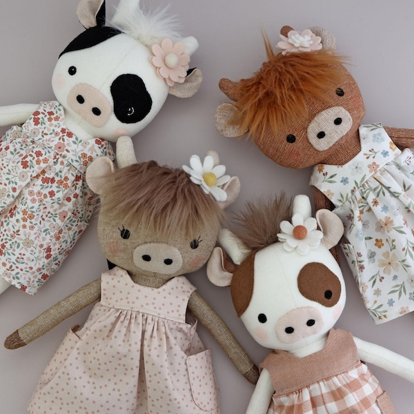 Highland cow sewing pattern PDF - make a highland cow doll / stuffed animal toy / cow décor / cow gifts - by Studio Seren patterns