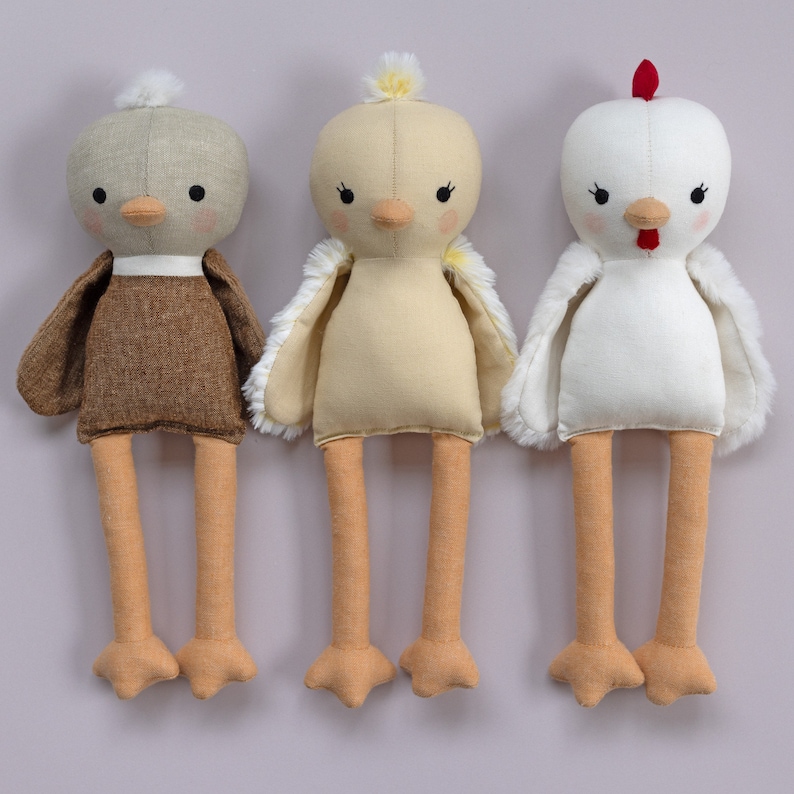 handmade chick, mallard duck and chick dolls made with Studio Seren Easter chick sewing pattern