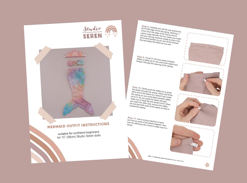 May include: A mermaid outfit for 15-inch dolls, including a tail, headband, and bow. The instructions are on a white paper with the Studio Seren logo and a rainbow graphic. The outfit is suitable for confident beginners.