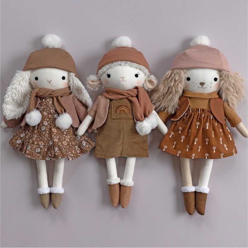 Winter Essentials doll clothes PDF sewing pattern make a doll hat, scarf, jacket, vest and shoes for a Studio Seren stuffed animal doll image 2