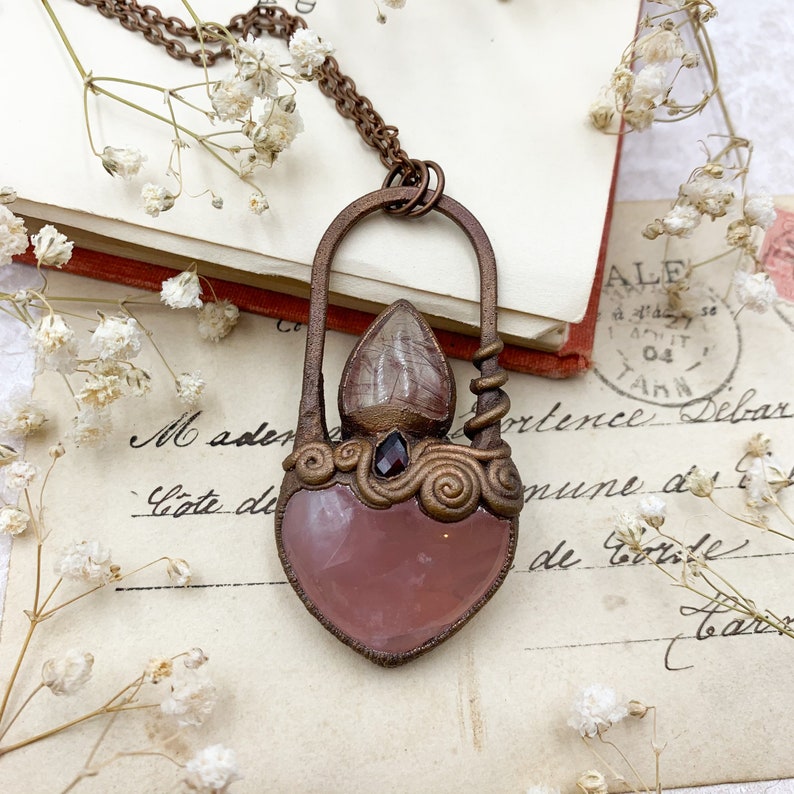 and Garnet Pendant Copper Electroformed Sacred Heart Inspired Jewellery Rose Quartz Rutile Quartz