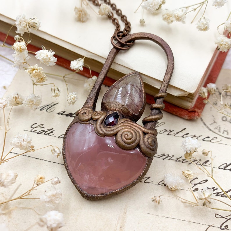 and Garnet Pendant Copper Electroformed Sacred Heart Inspired Jewellery Rose Quartz Rutile Quartz