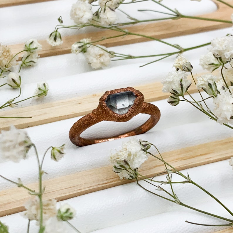 Herkimer Diamond Quartz and Textured Copper Earthy Bohemian Ring Electroformed Jewellery