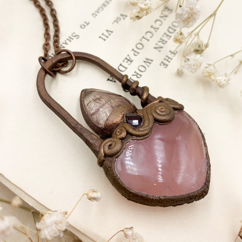 and Garnet Pendant Copper Electroformed Sacred Heart Inspired Jewellery Rose Quartz Rutile Quartz