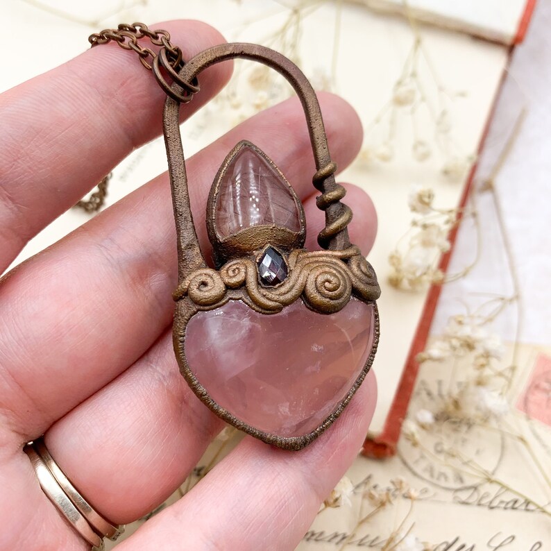 and Garnet Pendant Copper Electroformed Sacred Heart Inspired Jewellery Rose Quartz Rutile Quartz
